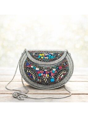 New Ramla Handmade Multi Colored Multi Mosaic Hammered Crossbody Bag